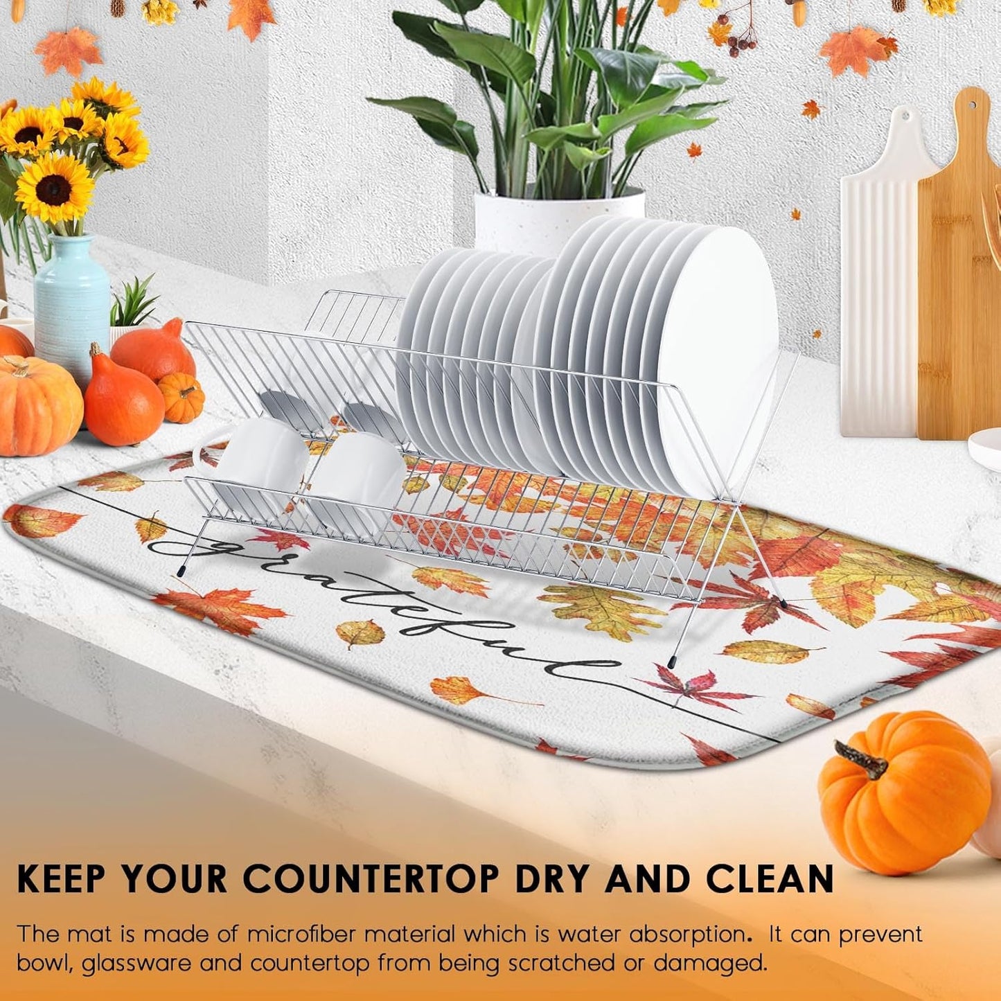 Sanwarm Absorbent Dish Drying Mat, Autumn Fall Leaves Microfiber Pad for Kitchen Counter, Thanksgiving Grateful for Coffee Bar Decor, Heat Resistant and Reversible, 18" x 24"