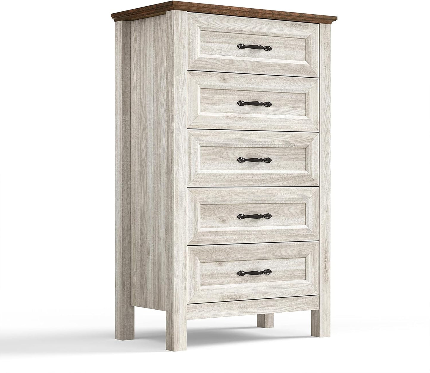 LINSY HOME Tall Dresser for Bedroom with 5 Drawers, 45" Tall Dressers & Chests of Drawers, Modern Farmhouse Large Vertical Dresser with Wood Legs for Bedroom, Closet, Living Room, Hallway, Beige