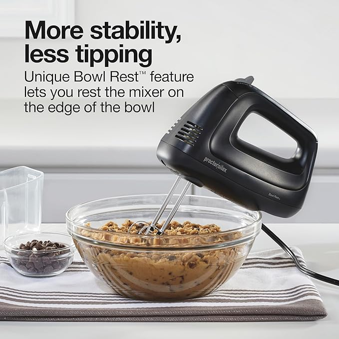 Proctor Silex Easy Mix 5-Speed Electric Hand Mixer with Bowl Rest, Compact and Lightweight, 215 Watts of Peak Power, Storage Case, Black (62512)
