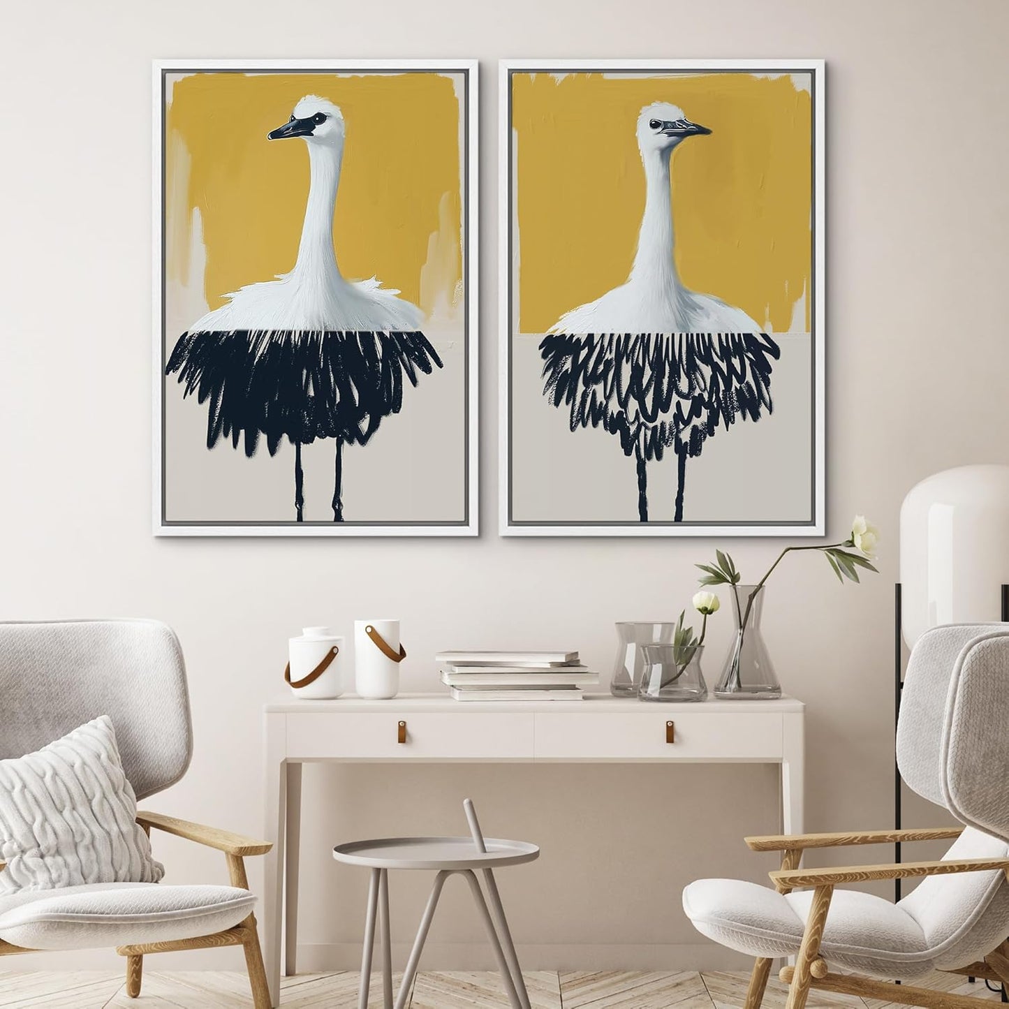 SIGNWIN Framed Canvas Print Wall Art Set Minimalist Crane Portrait Modern Bird Illustrations Modern Art Rustic Minimal for Living Room, Bedroom, Office - 24"x36"x2 White