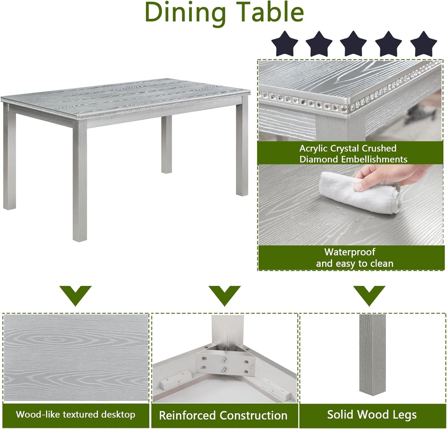KEIKI 6-Piece Standard Height Dining Table Set with Rectangular Table, 4 Upholstered Chair, Bench, for 6 Person, Crystal Decoration Table Set, Easy Assembly, for Kitchen, Dining Room, Silver Grey