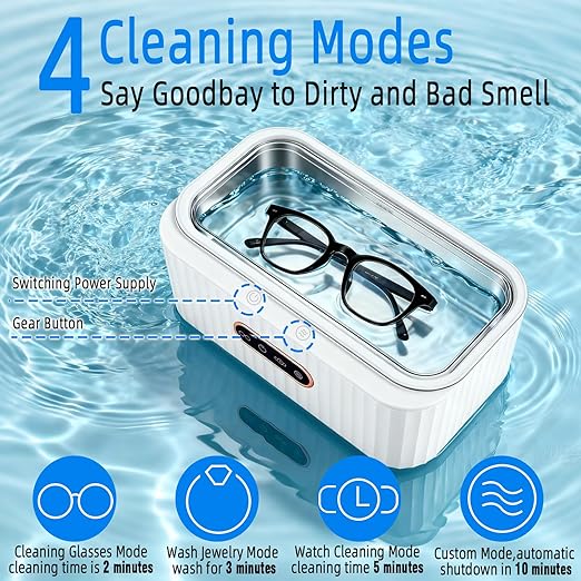 Ultrasonic Jewelry Cleaner, Ultra Sonic Cleaning Machine with 48KHz 4 Modes 400ml 304 Stainless Steel Tank for Glasses Ring Necklace Watch Strap Denture Retainer,Home and Travel Use Gift for Women Men