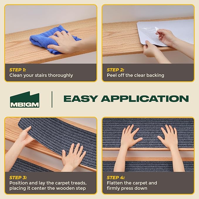 MBIGM 8" X 30" (7 in Pack) Non-Slip Carpet Stair Treads Non-Skid Safety Rug Slip Resistant Indoor Runner for Kids Elders and Pets with Reusable Adhesive - Gray