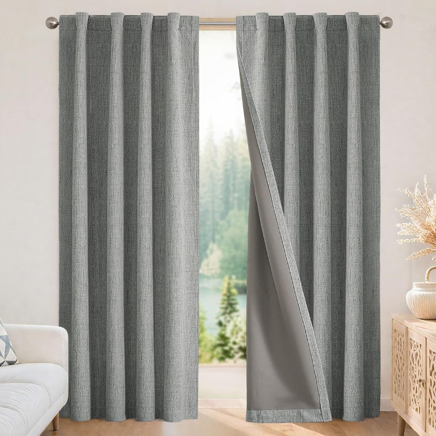 Joydeco 100% Blackout Curtains for Bedroom - Natural Linen Curtains 100" W x 120" L Long, Thermal Insulated 1 Panels Light Grey. Room Darkening Light Blocking Drapes for Living Room