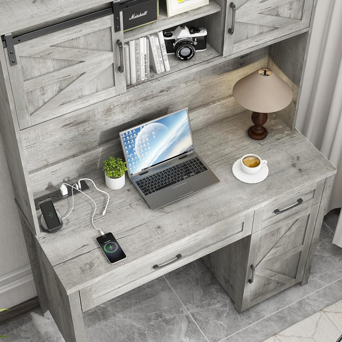 Farmhouse 47" Executive Desk, Computer Desk with Drawers and Storage Cabinet, Workstation with Hutch for Home Office