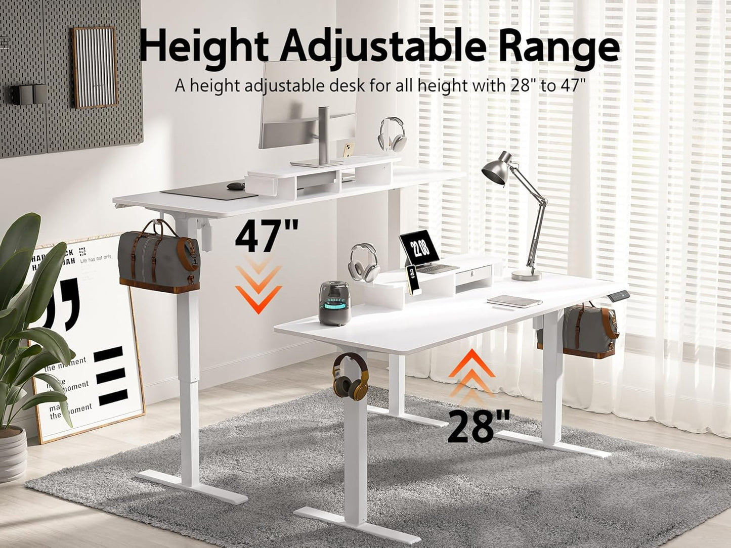 55x24 Inches Electric Standing Desk With Drawer and Monitor Stand, Height Adjustable for Home Office, Ergonomic Sit to Stand With Phone Holder, 3 Hooks, White