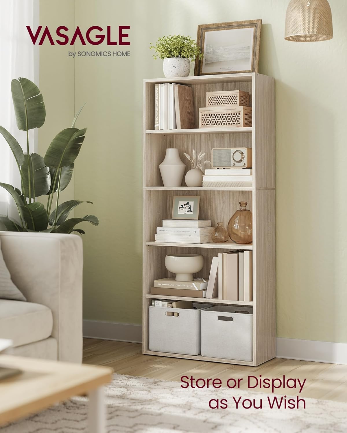 VASAGLE Custos Collection - Bookshelf, 5-Tier Bookcase, Book Shelf, Open Storage Shelf, 9.4 x 23.6 x 52.8 Inches, for Living Room, Home Office, Dinning Room, Natural Beige ULBC165L01