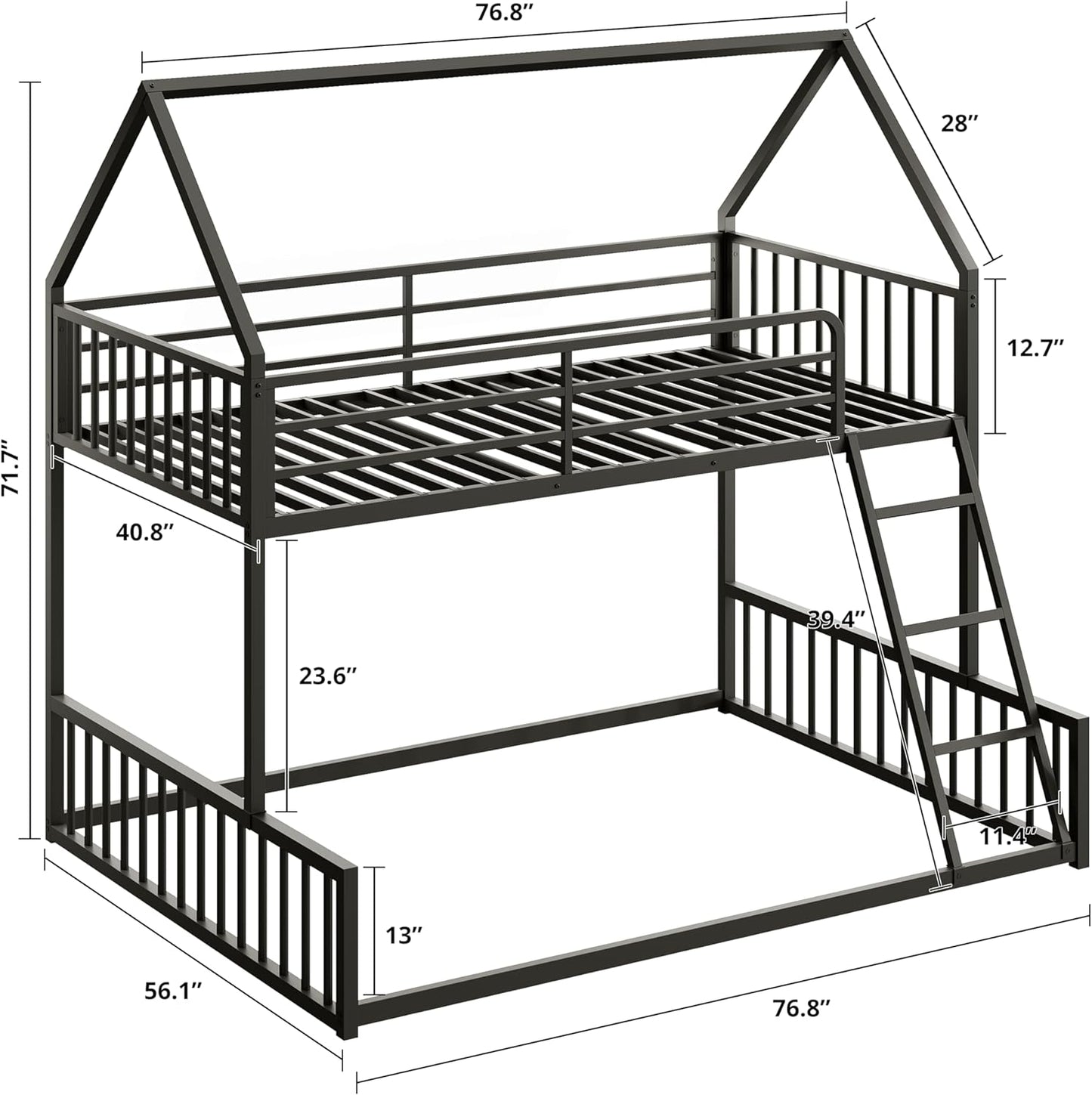 LIKIMIO Bunk Bed Twin Over Full Size, House Bunk Bed Frame with Ladder and Guardrail, House Shaped with Metal Slats Support No Box Spring Needed Space Saving for Bedroom and Dorm, Black