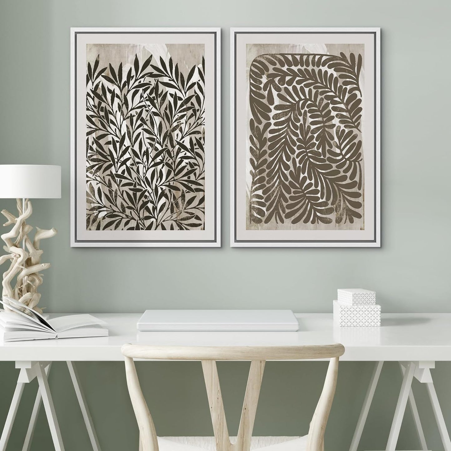 SIGNWIN Framed Canvas Print Wall Art Modern Botanical Abstract Black and Beige Leaf Illustrations Decorative for Living Room, Bedroom, Office - 24"x36"x2 White