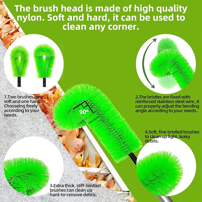 13 FT Gutter Cleaning Tool, Roof Gutter Brush, Clear Leaves from Roof Gutters Without a Ladder, Includes 2 Cleaning Brushes & Green