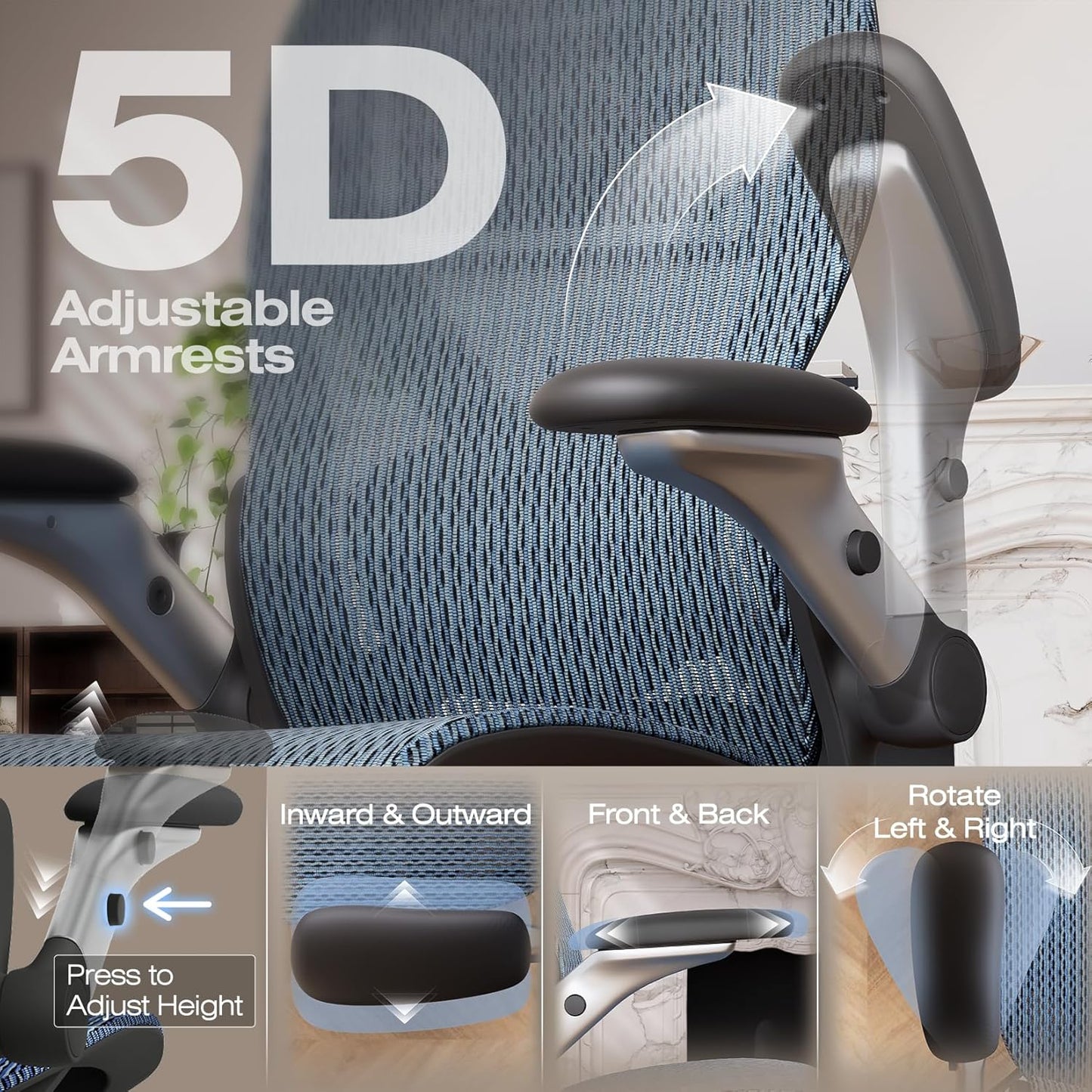ELABEST X100 Ergonomic Office Chair with Footrest, Big and Tall Home Desk Chair with 5D Flip-Up Arms, Adjustable 3D Lumbar Support,High Back Rolling Computer Chair, Swivel Mesh Chairs (Oaxaca Blue)