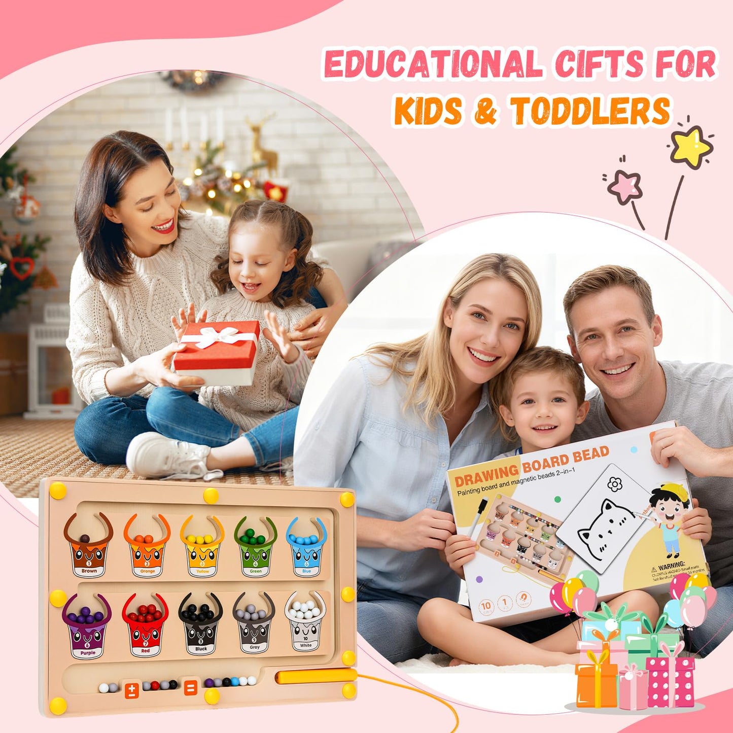 2 IN 1 Magnetic Color and Number Maze, Montessori Toys with Drawing Board for 3 4 5 Year Old, Wooden Magnet Balls Puzzles, Learning Educational Toys for Kids Toddlers Boys Girls Christmas Birthday