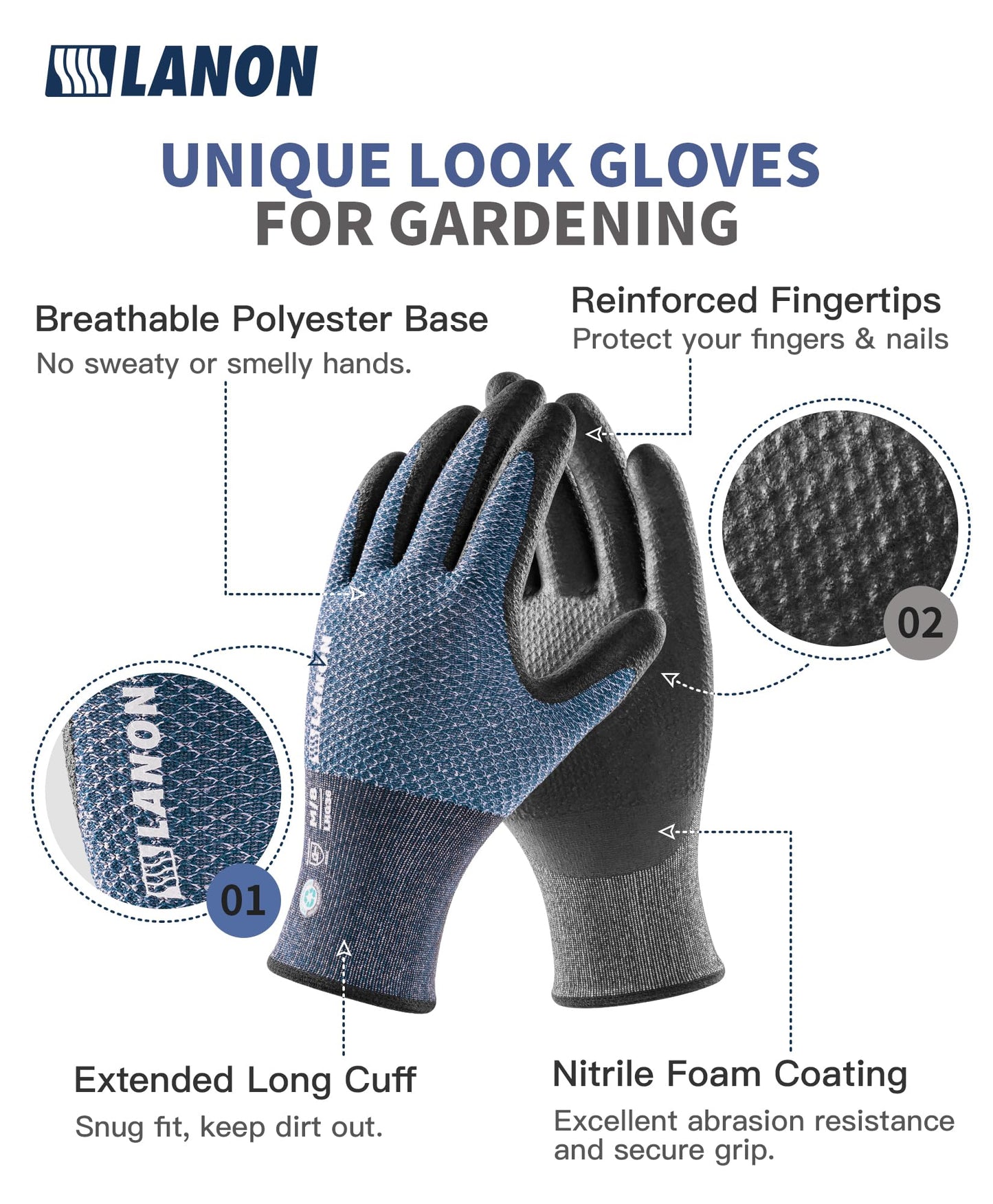 LANON Gardening Gloves for Men Women, 2 Pairs Nitrile Coated Garden Gloves with Grip, Breathable B.COMB AIR Technique, Dusty Olive & Bluebird, Large