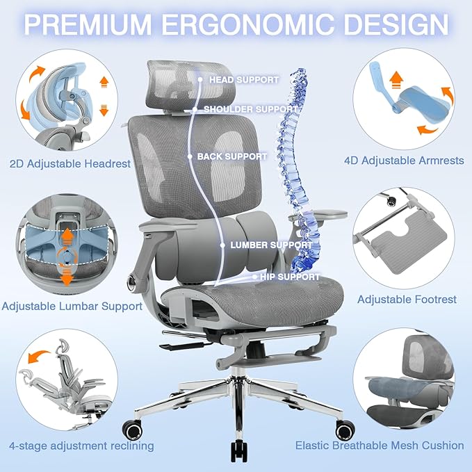 Ergonomic Mesh Office Chair with 4D Armrests, High Back Desk Chair Computer Gaming Chairs with Footrest, Adjustable 3-Zone Dynamic Lumbar Support, Ergonomic Office Chair with Wheels, Gray