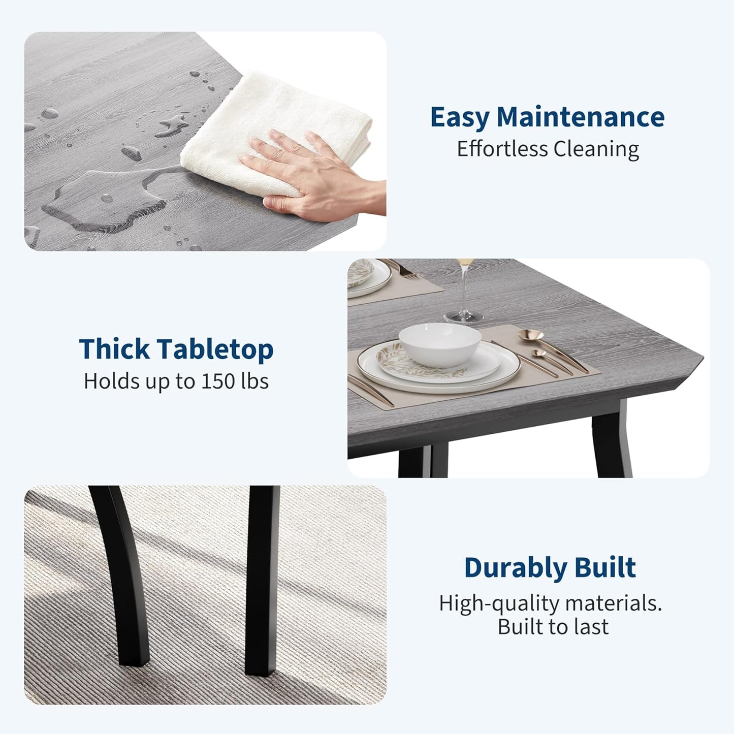 3 Piece Farmhouse Dining Table Set for 4, Compact Rustic Kitchen Table with 2 Padded Benches, Space Saving Breakfast Nook Furniture Set for Small Spaces, Apartments, Grey