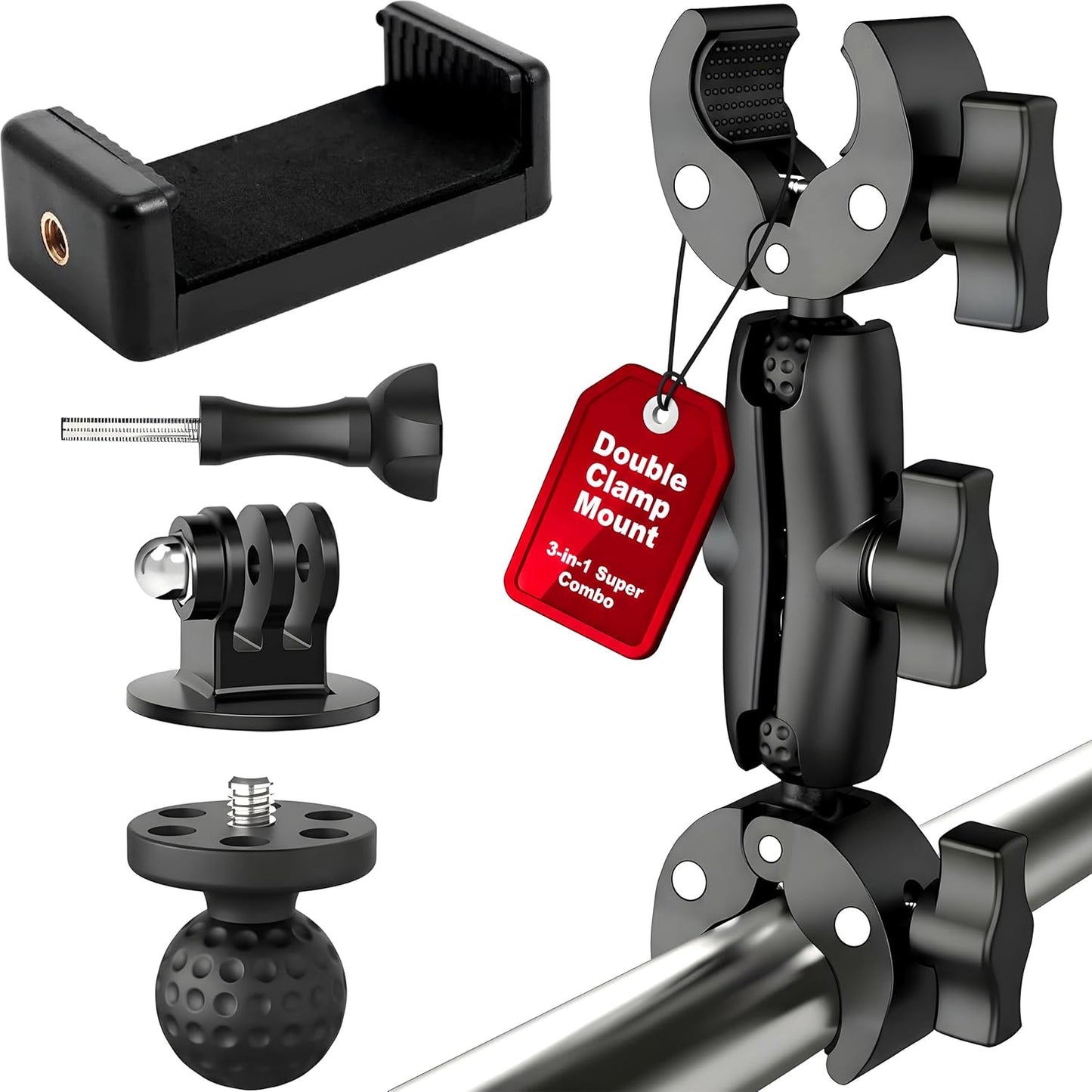 Premium 3-in-1 Umbrella Clamp for Chairs, Strollers, Boats & Kayaks Adjustable Mounting Bracket for Umbrella, Camera & Phone Durable Anti Slip Trolling Motor Stabilizer for Outdoor Hands Free Use