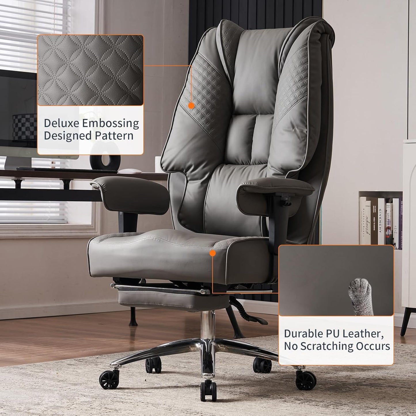 Big and Tall Office Chair 400lbs Wide Seat, Leather High Back Executive Office Chair with Foot Rest, Ergonomic Chairs Lumbar Support for Lower Back Pain Relief (Grey)