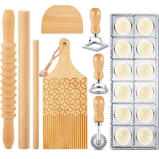 Tioncy 9 Pcs Pasta Making Tool Set, Wood Gnocchi Board with Ravioli Mold Raviolo Maker Raviolo Stamp Rolling Pin Gnocco Maker for Home Cooking Kitchen Gift(Pattern Gnocchi Board with Ravioli Mold Set)