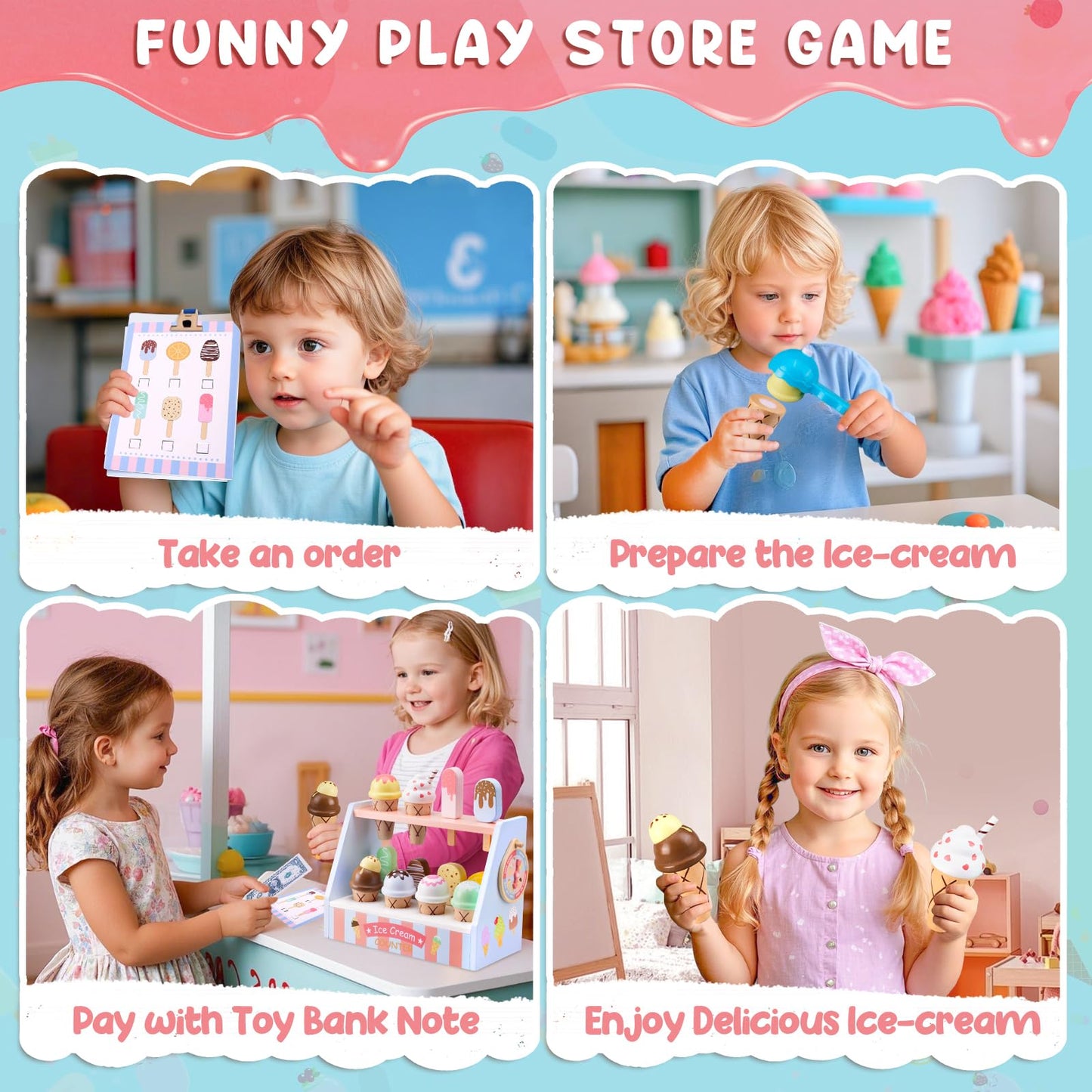 Ehome Wooden Ice Cream Toys Set Pretend Play Food Store for Kids Serve Ice Cream Counter Shop Kitchen Playset with Lucky Wheel, Scoop, Menu, Fake Money for Boys and Girls Ages 3 4 5 6 Birthday Gift