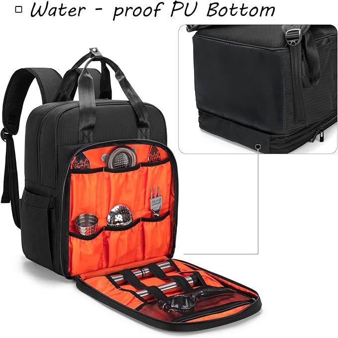 CURMIO Bartender Bag Travel Bartender Kit Backpack with Padded Compartments for Wine and Bar Tools Set, Bartender Carrying Bag for Home Indoor Outdoor Patio Party, Black, Bag Only, Patent Pending