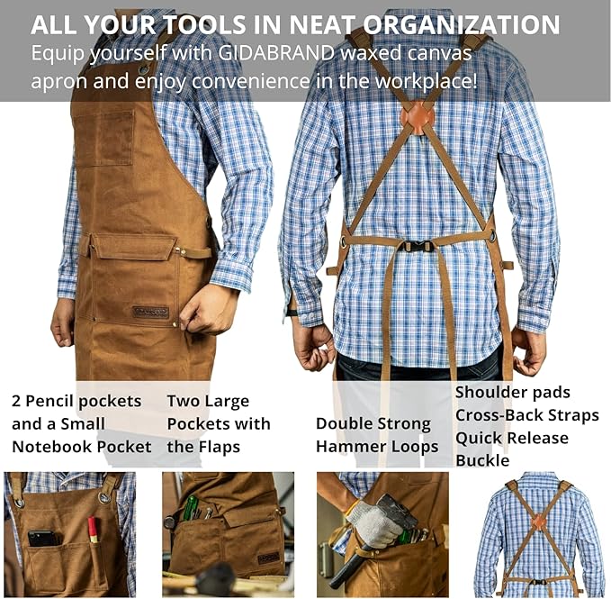 Woodworking Shop Aprons for Men and Women | 16 oz Durable Waxed Canvas Work Apron with Pockets | Cross-Back Straps | Adjustable Tool Apron Up To XXL | Gift for Woodworker - Bring a Smile to Their Face