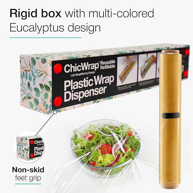 ChicWrap Eucalyptus Refillable Plastic Wrap Dispenser - One 12" x 250' Roll of Professional Grade Plastic Wrap - BPA Free and Kosher Certified - Reusable Dispenser w/Slide Cutter