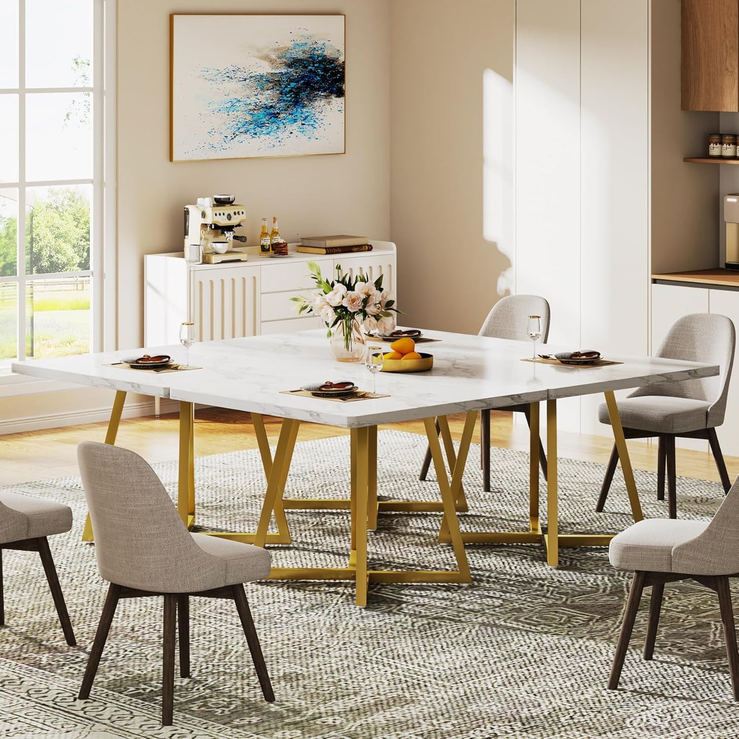 Tribesigns Square Dining Table for 8, 31.5" Modern Dinner Table with Metal Base, Kitchen Table for Dining Room, Small Space, Apartment, White & Gold