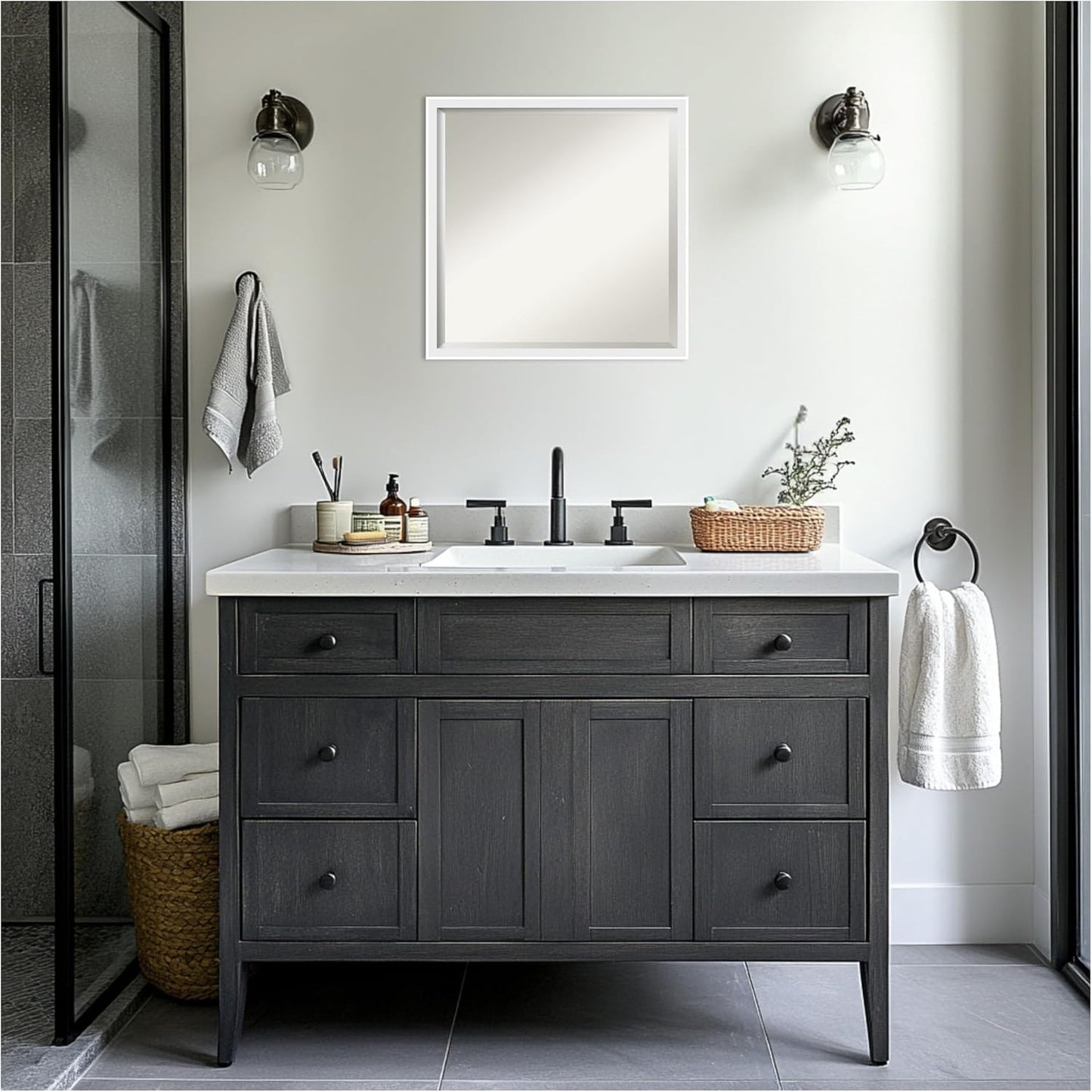 Amanti Art White Bathroom Mirror for Over Sink, 22x22 Incline White Square Vanity Mirror, Medium Modern Contemporary Wood Frame, Hangs Horizonally and Vertically, Bathroom Wall Decor, Beveled Edge