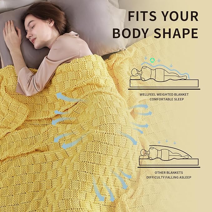 Knitted Weighted Blanket for Adult, No Beads Heavy Blanket 50” x 60'' 7lbs, Breathable Chunky Knit Blanket, Cooling Weighted Blanket for Hot Sleepers, Christmas Home Decor (Yellow)