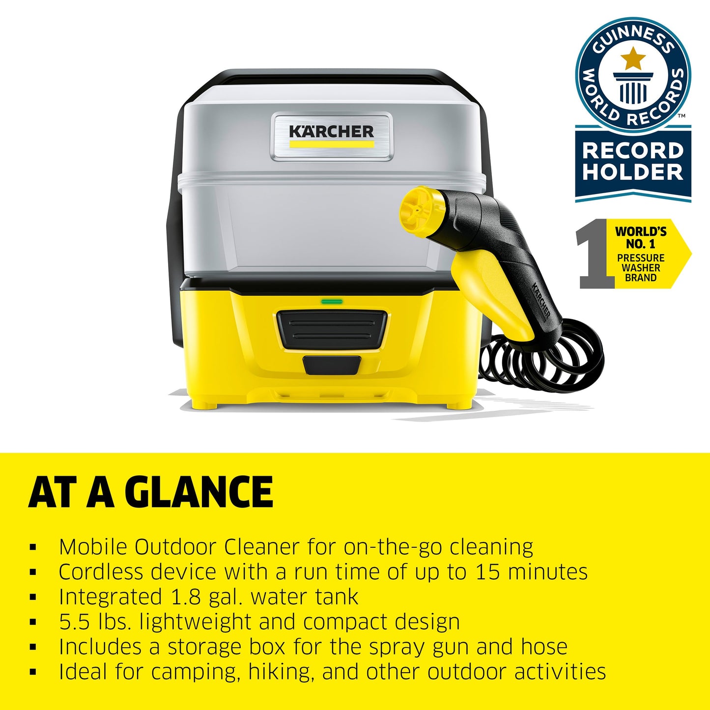 Kärcher OC 3 Plus Mobile Outdoor Cleaner, 1.8 gal. Water Tank, Spray Gun and Hose, Battery Operated, for on-The-go Cleaning, 72 PSI