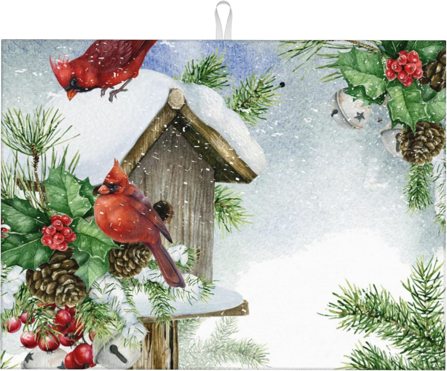 Large Dish Drying Mat for Kitchen Counter,Winter Cardinal Birds Dish Drying Mat,Christmas Red Cardinals in Snow Dish Drainer Mat Drying Pad Super Absorbent Reversible Microfiber 18"X24"