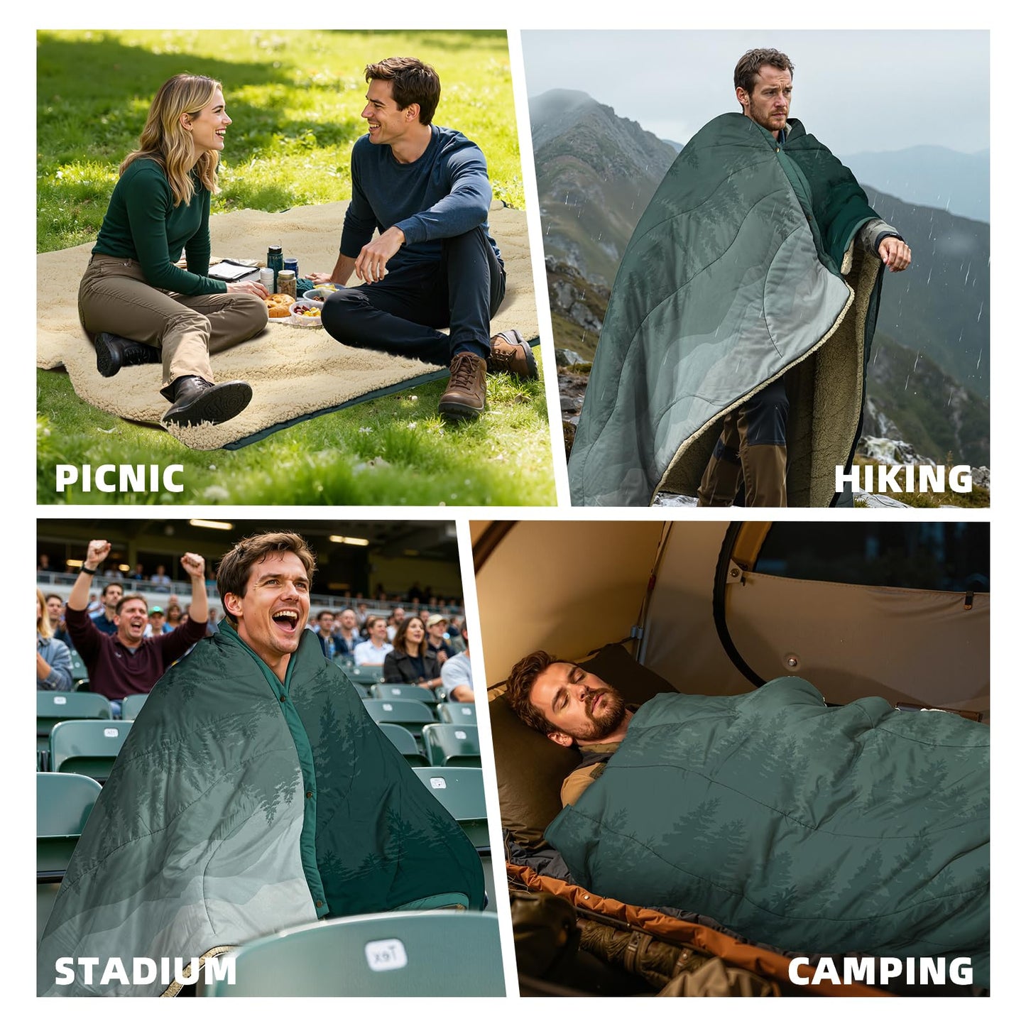 KawaGebo Kamp Outdoor Camping Blanket with Sherpa Lining, Extra Warm Thick Camp Blankets and Puffy Ultralight Soft Poncho DWR Camping Quilt for Cold Weather, Adventure, Sleeping, Backpacking 78"x 56"