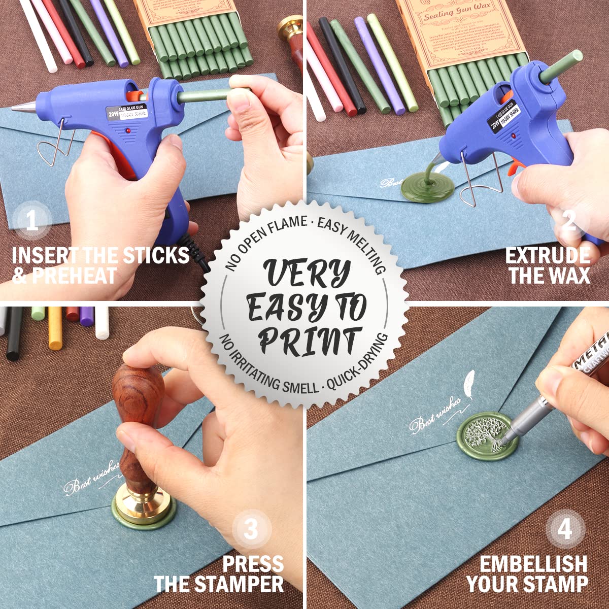 Wax Seal Kits, Wasole 20Pcs Pine Green Sealing Wax Sticks with 1 Pieces Glue Gun Set for Wax Seal Stamp, Great for Wedding Invitations, Birthday Cards, Envelopes, Gift Wrapping (Pine Green)