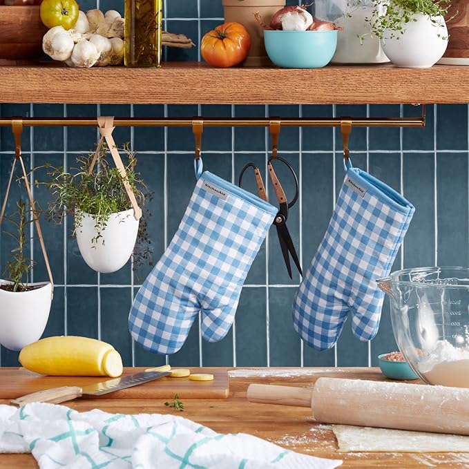 KitchenAid Gingham Oven Mitt 2-Pack Set, Blue Velvet, 7"x13"