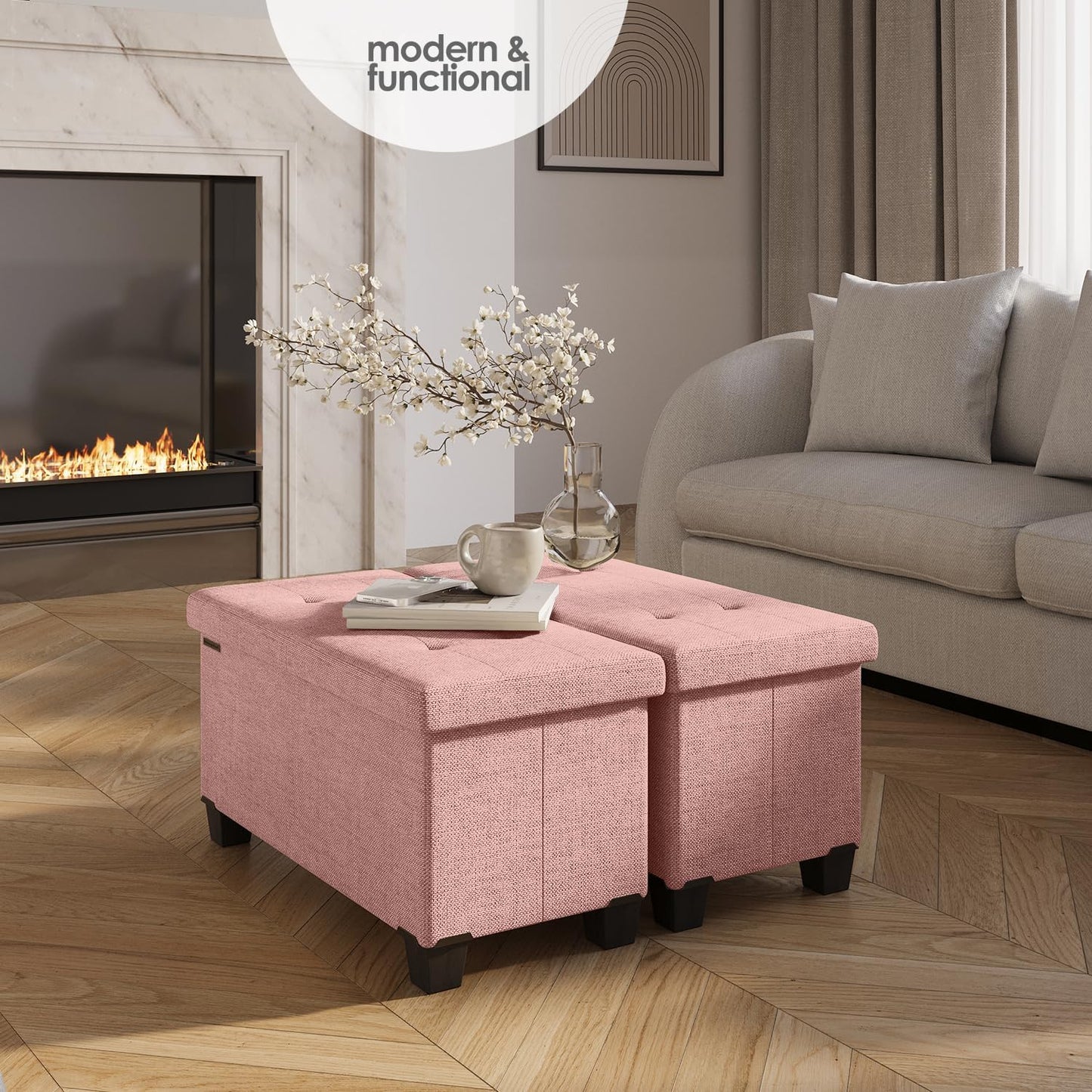 STORAGEBUD Storage Ottoman Bench with Bins, 30-in Storage Bench for Bedroom End of Bed, Folding Foot Rest Ottoman for Living Room Max 660lbs, Fabric Ottomans, Pink