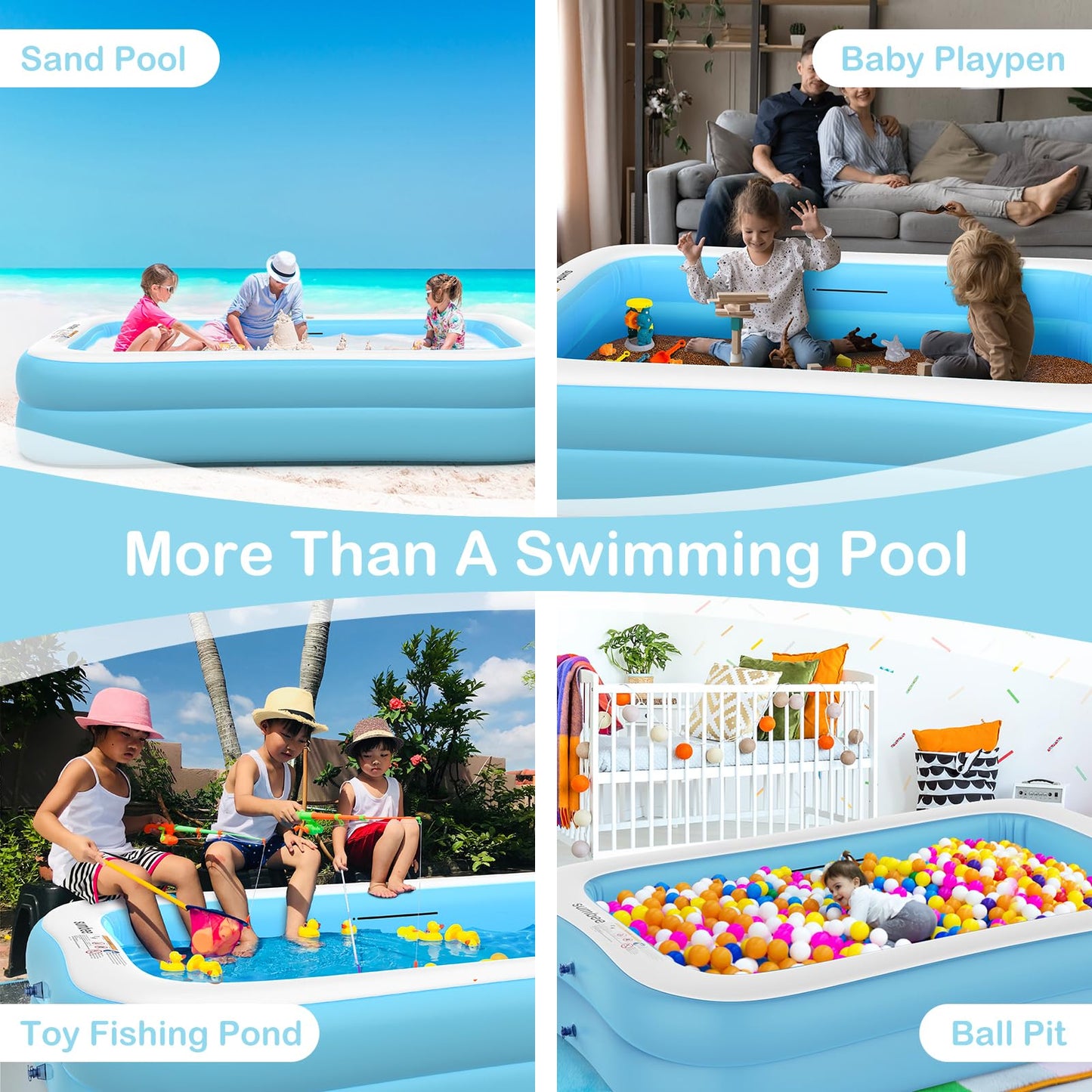 Sumbee Inflatable Swimming Kiddie Pool for Adults Kids Ages 4-8-12, Size 103" X 69" X 20" Rectangle Blow Up Family Pool for Children Backyard Outdoor Garden Summer Water Party Full-Sized Light Blue