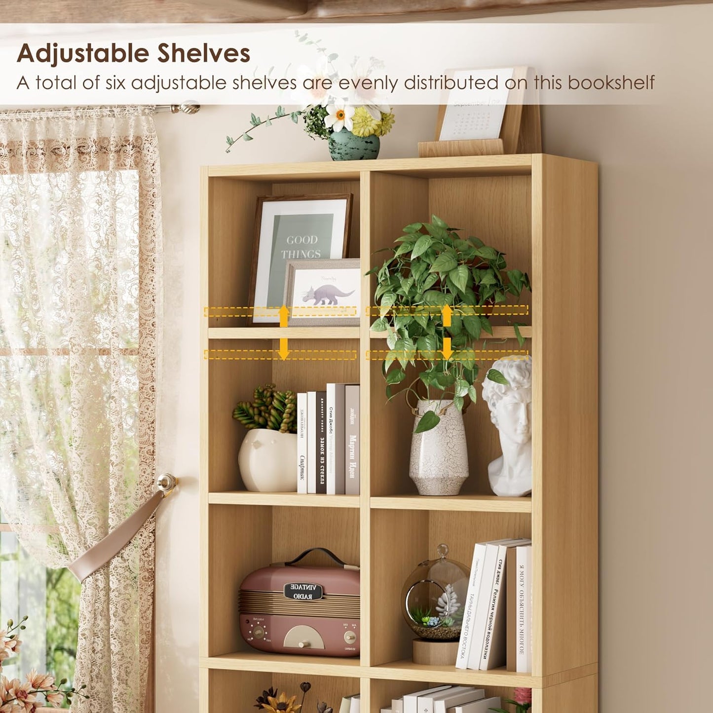 FOTOSOK 71’’ Narrow Bookshelf and Bookcase, Wooden Shelf 7 Tier Media Storage Tower Rack, CD DVD Storage Tower Rack with Adjustable Shelves,Double Wide Slim Bookshelf Cube Storage Organizer, Natural