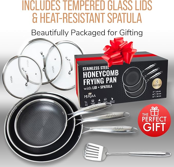 Stainless Steel Frying Pan Set, Sartenes de Acero Inoxidable 3-Piece Honeycomb Nonstick Skillets 8", 10", 12" With Lids, Spatula, Oven & Induction Compatible, Dishwasher Safe Pan Set