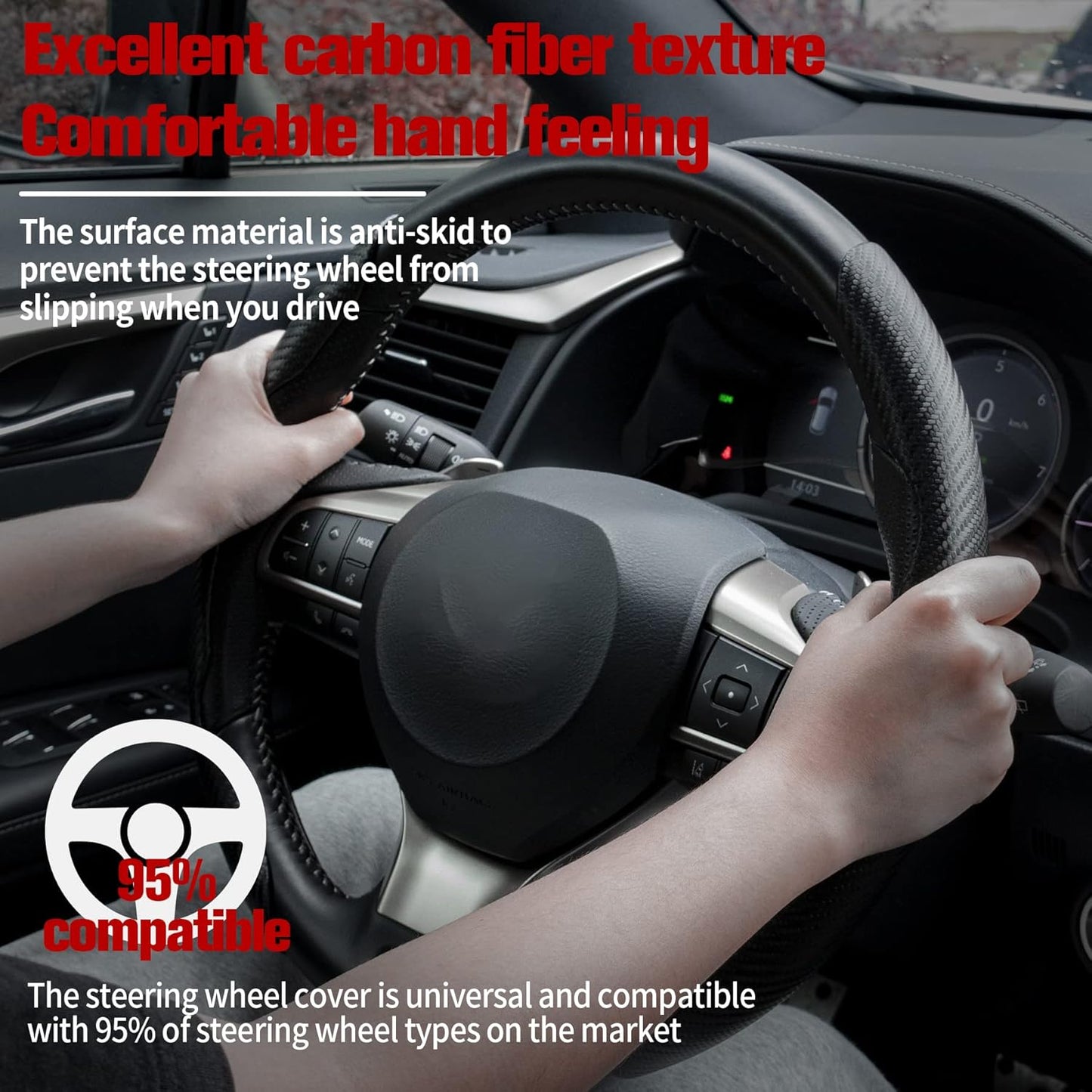 Amiss Carbon Fiber Anti-Skid Steering Wheel Cover, Universal Fit, 14.3 Inches, Black