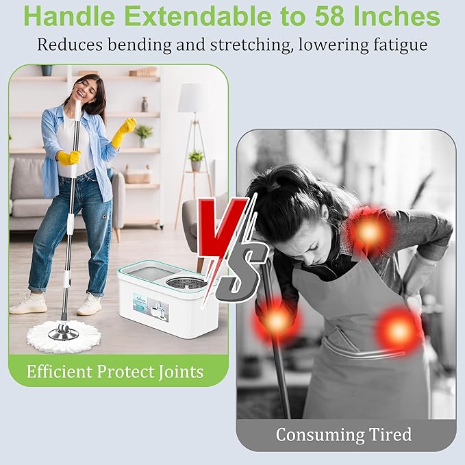 Spin Mop and Bucket Set with Wringer and 6 Extra Microfiber Heads for Floor Cleaning 61" Extended Handle 5-GAL Heavy-Duty Design for Hardwood Tile Laminate Home Cleaning Tools