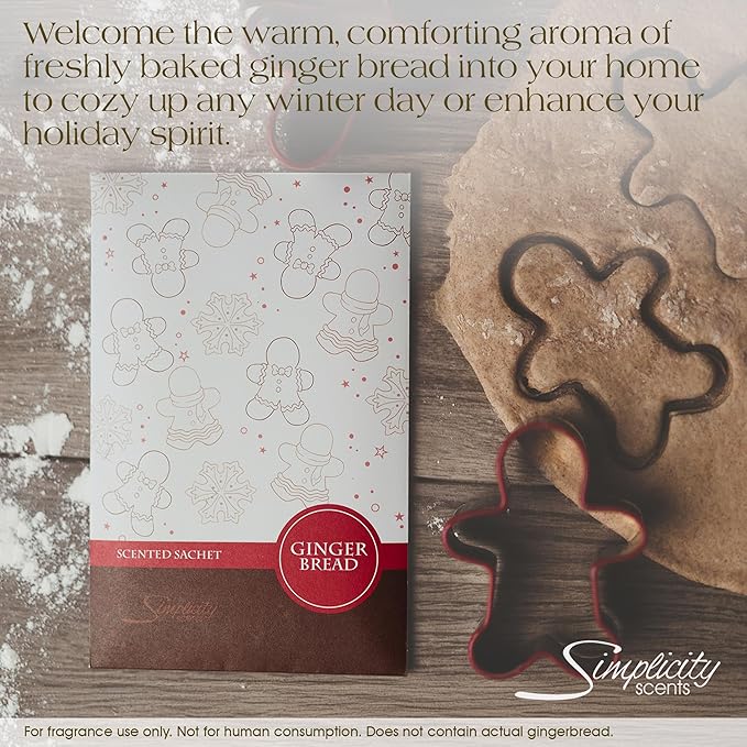 Simplicity Scents Gingerbread Scented Sachets Pack of 6, Fall & Winter - Long-Lasting Scented Bags, Home Fragrance, Air Freshener & Deodorizer for Closet, Room, Drawer, or Cars, Made in USA