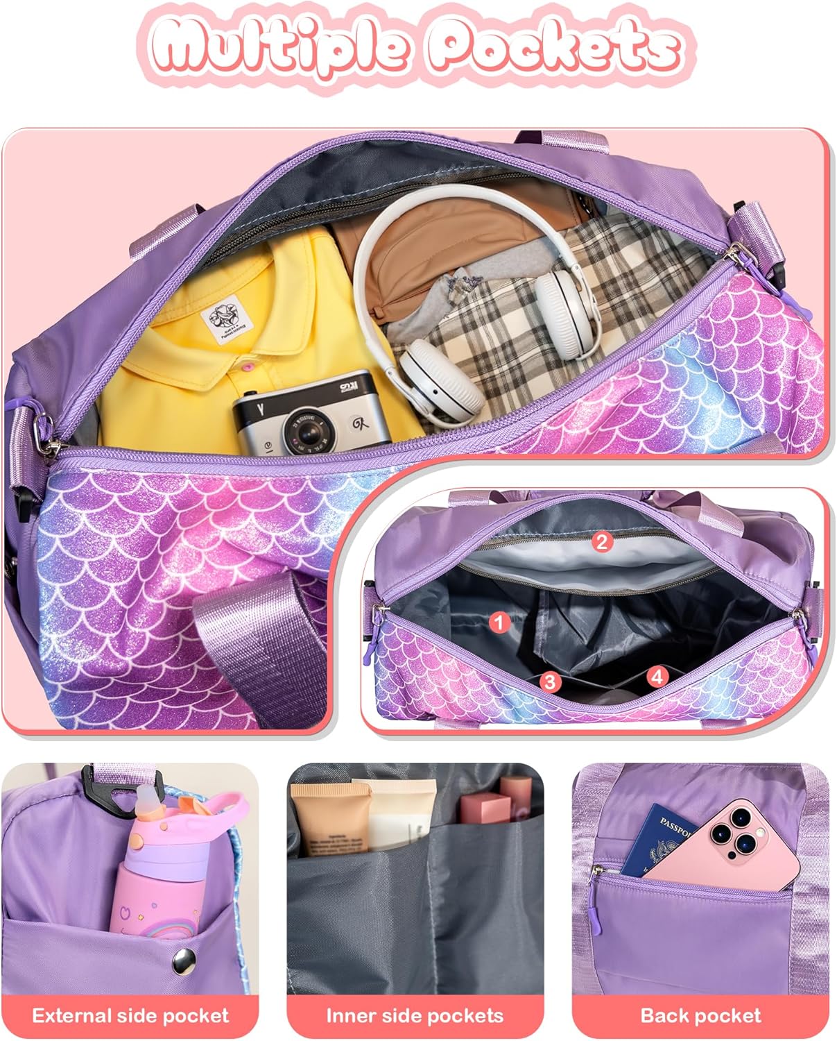 Travel Stuff for Kids-Girl Gym Bag with Shoe Compartment, Kid Weekender Dance Bags, Initial Travel Tote with Makeup Pouch, Gift for 3 4 5 6 7 8 9 10 11 12 Year Old Girls (Letter S)