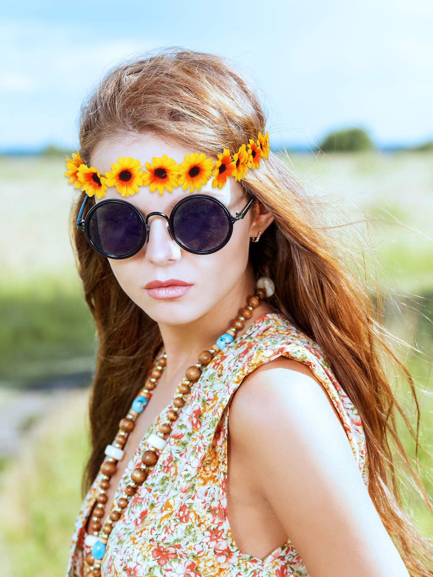 WILLBOND 8 Pcs Sunflower Headbands for Women Crown Daisy Flower Hair Wreath Adjustable Floral Bridal Bands Headpiece for Hippie Party Wedding Festivals Photo Props Decoration(White, Yellow)
