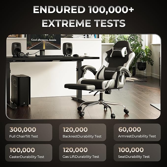 Dowinx Ergonomic Gaming Chair with Footrest, Heavy Duty 330lbs Office Chair, Massage Lumbar Support, Adjustable Height & Headrest Pillow, Comfortable for Back Pain Relief Streaming Long Gaming White