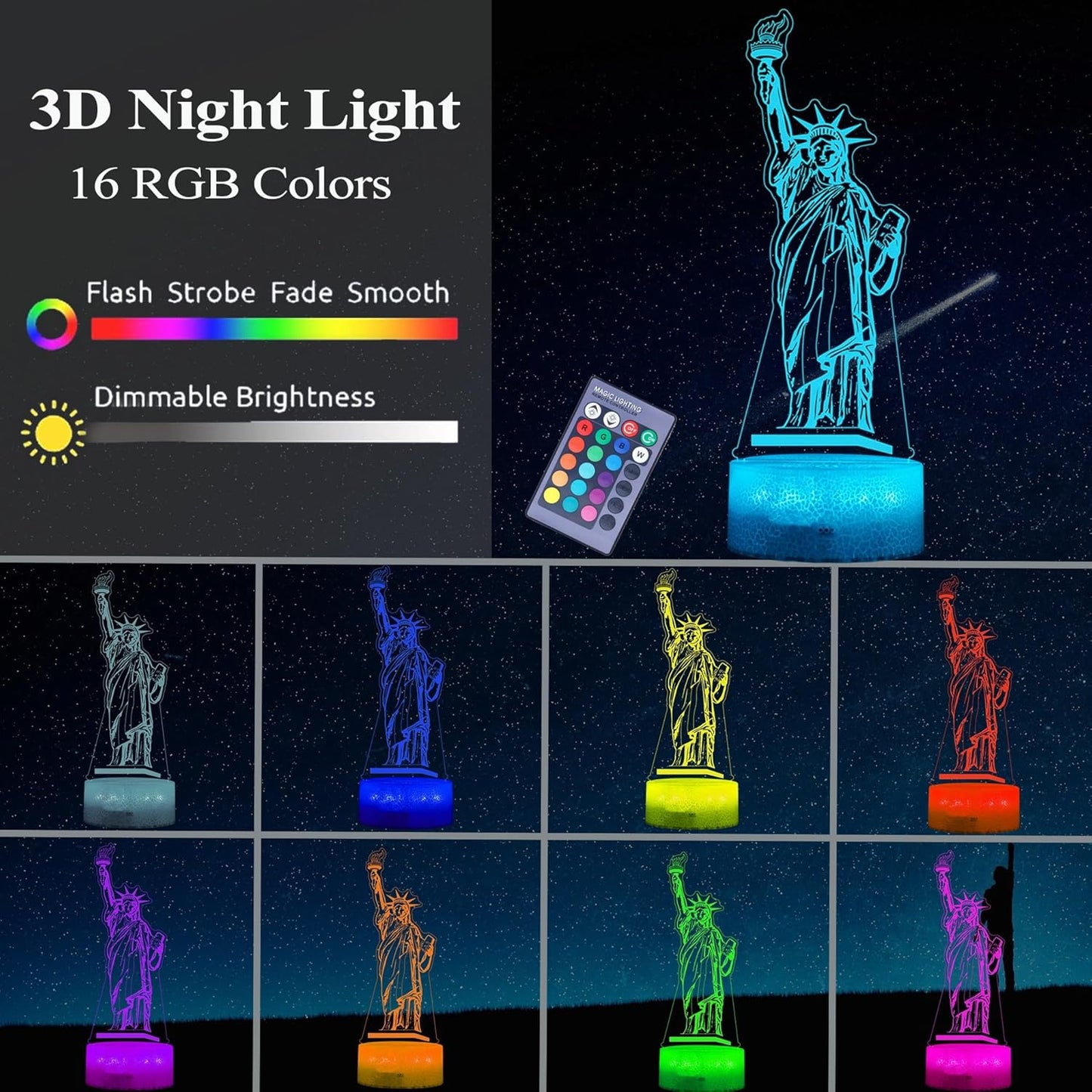 Statue of Liberty Night Light, 3D Illusion Lamp with 16 Colors Changing, Timer, 4 Flash Modes and Dimmable, Kids Boys Girls Room Decor, Holiday Xmas World Landmark Building Gifts