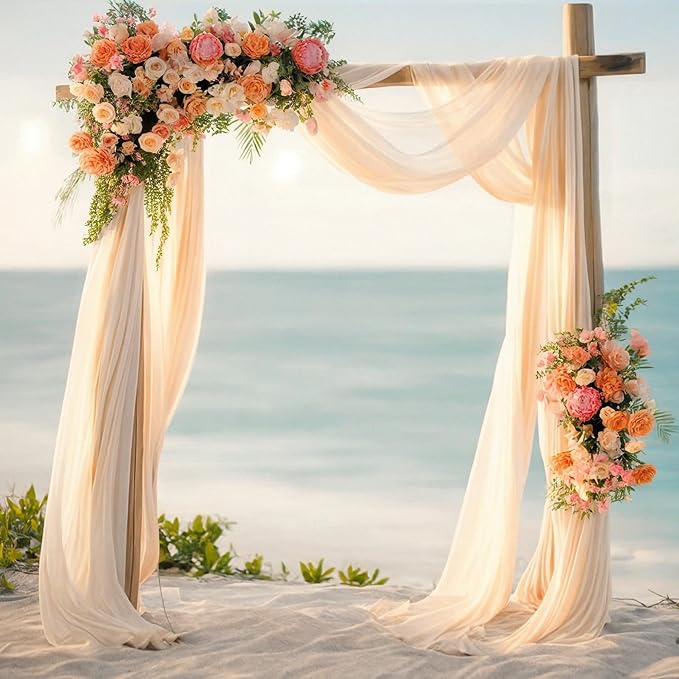 Wedding Arch Draping Fabric, 2 Panels 18FT Champagne Sheer Backdrop Curtain Chiffon Fabric Drapery Voile Scarf Draping Panels for Wedding Archway Ceremony Curtain Valance Party Decoration