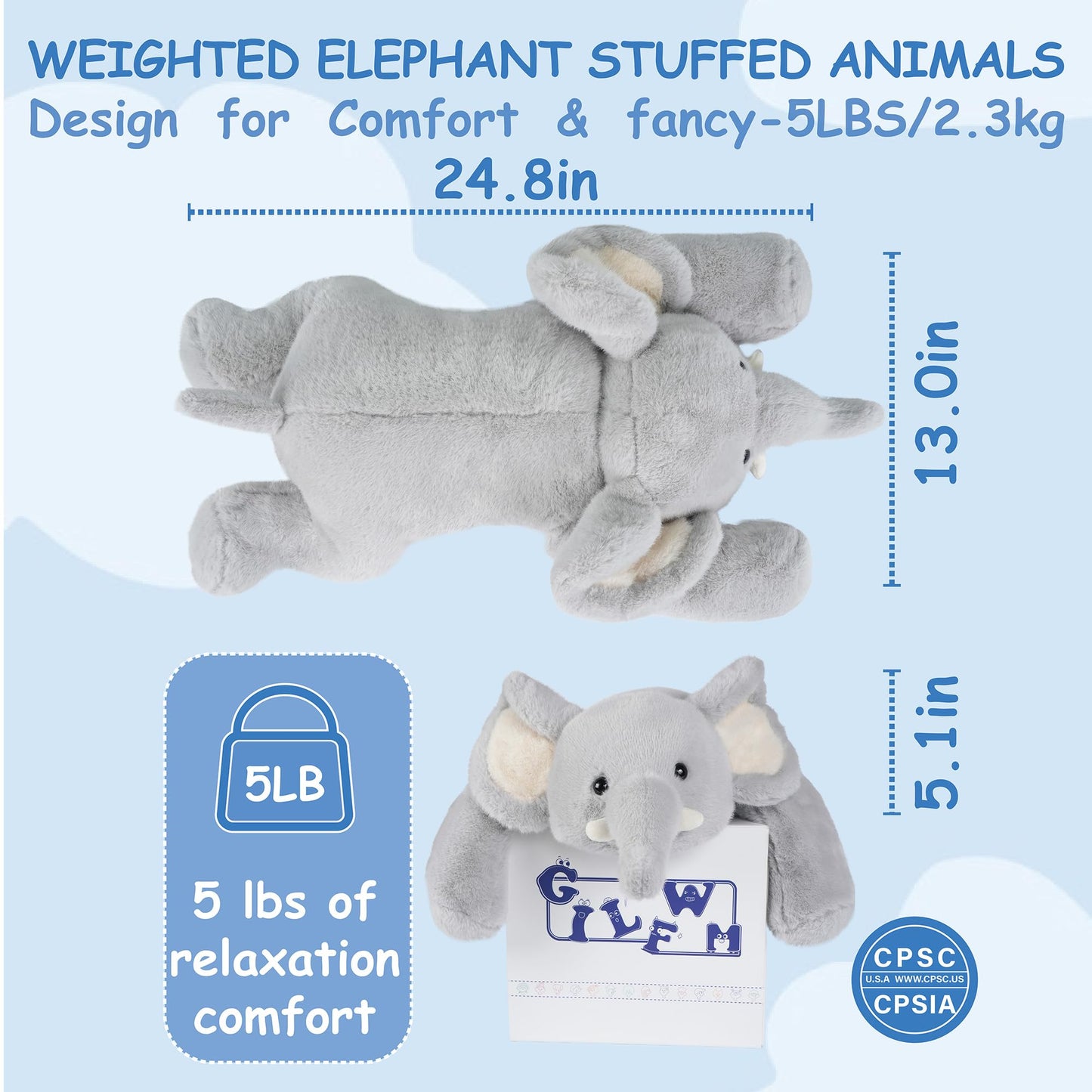 GILFWM Weighted Stuffed Animals Elephant - 25" Big Stuffed Animal Toy Pillow for Kids & Adults, 5 lbs Soft Washable Weighted Plush