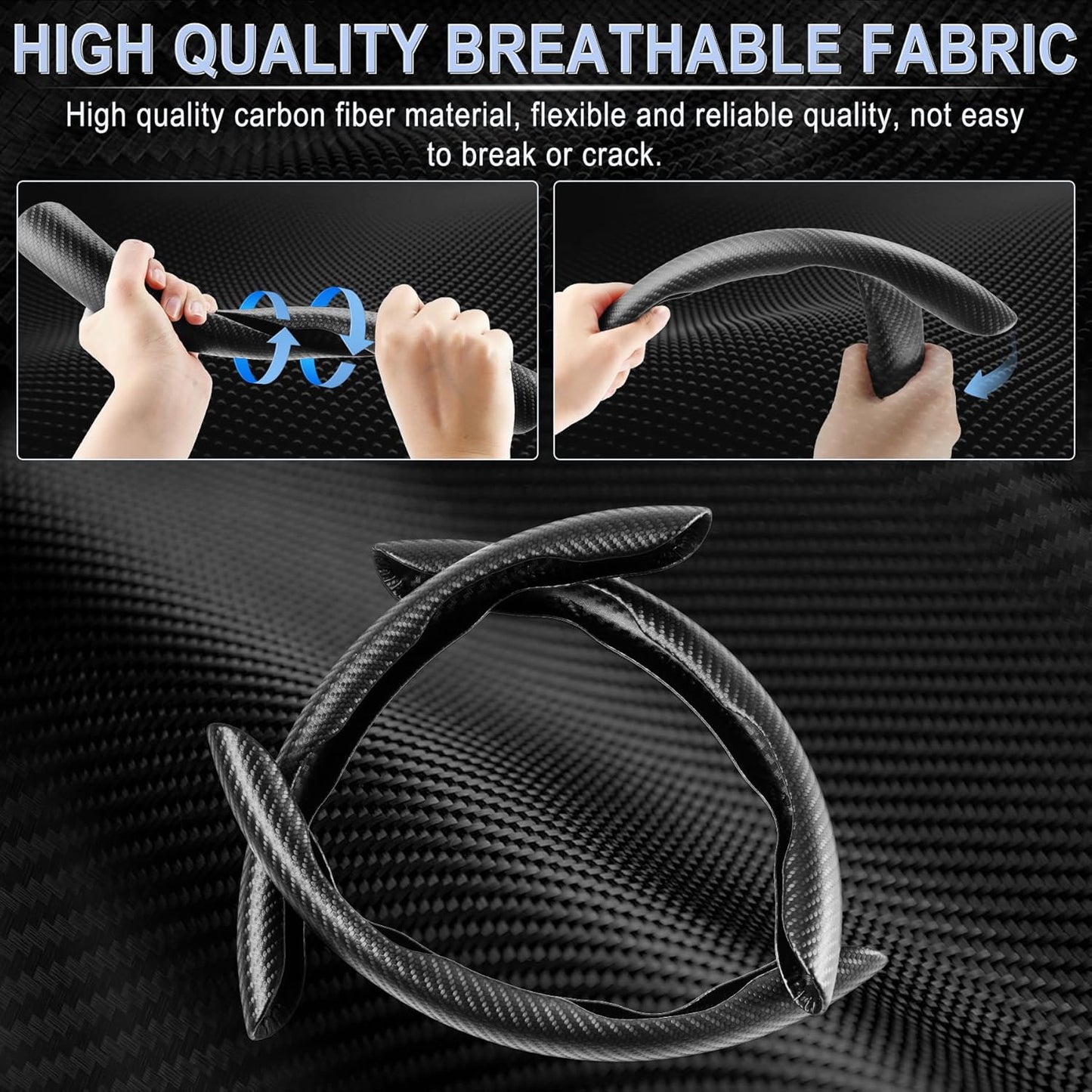 Amiss 3pcs Carbon Fiber Anti-Skid Steering Wheel Cover, Segmented & Butterfly Design, Universal 99% Car Wheel Cover Protector, Black
