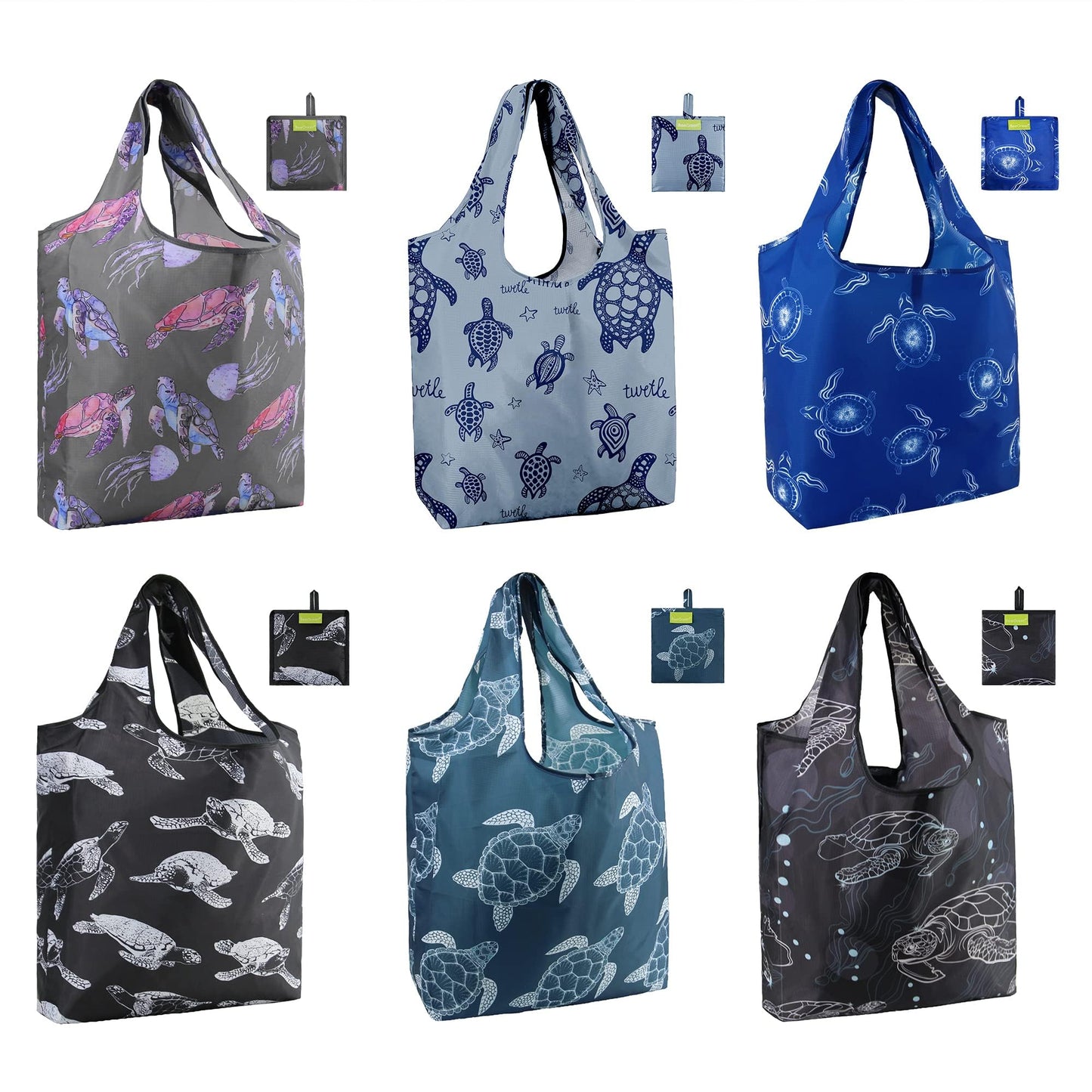 BeeGreen Animal Reusable Shopping Bags Cute Grocery Bag 6 Pack, Christmas Gift Bags Heavy-Duty Foldable Shopping Totes for Supermarket, Work & Travel, Large Washable Polyester Tote Bag with Handles