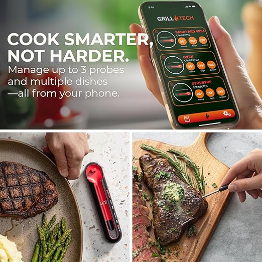 Grill Tech Smart Bluetooth Meat Thermometer Wireless Meat Thermometer for Grilling and Smoking, Precision Accuracy, 950ft Range, USB-C Rechargeable Case, Grill Tech App for Grilling